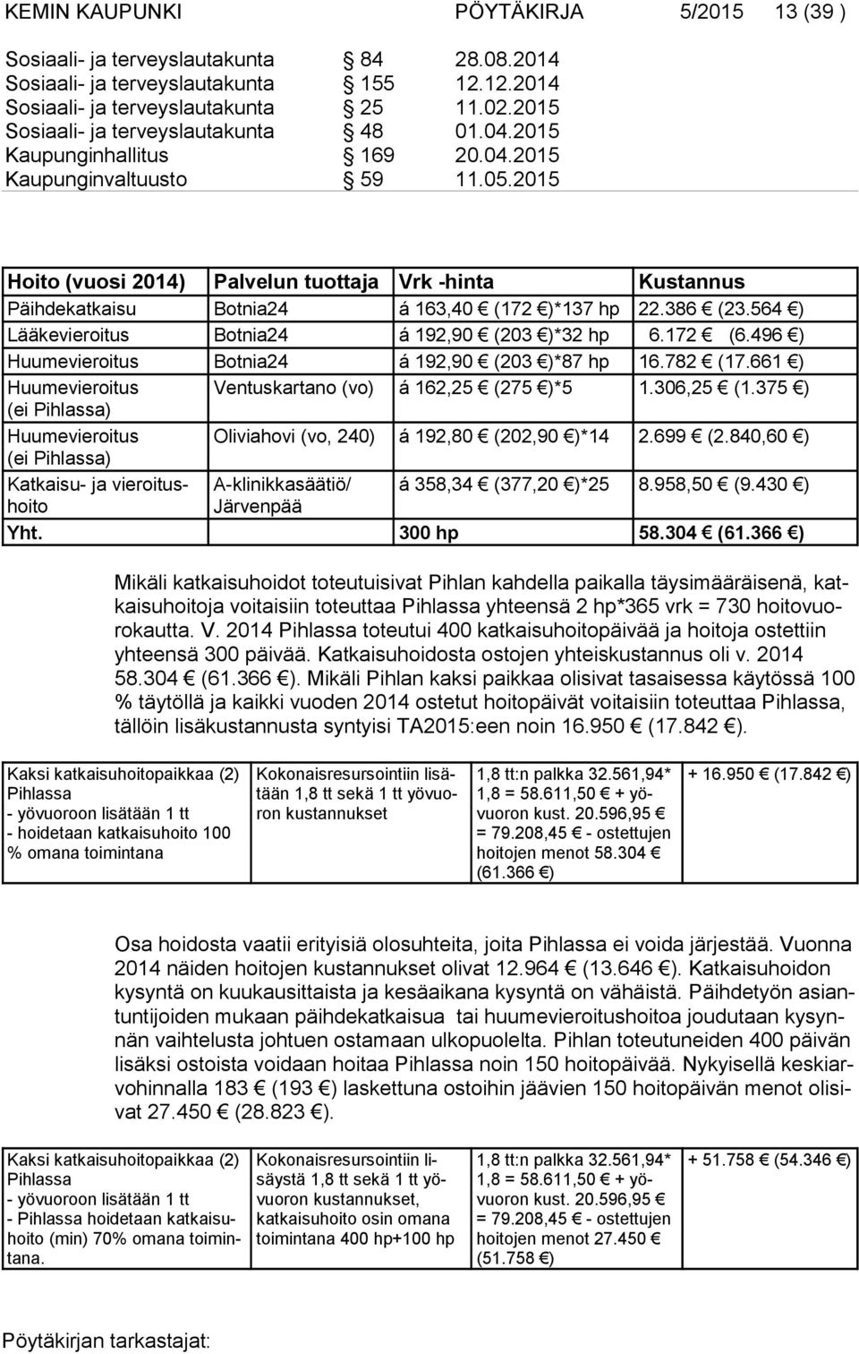 2015 Hoito (vuosi 2014) Palvelun tuottaja Vrk -hinta Kustannus Päihdekatkaisu Botnia24 á 163,40 (172 )*137 hp 22.386 (23.564 ) Lääkevieroitus Botnia24 á 192,90 (203 )*32 hp 6.172 (6.