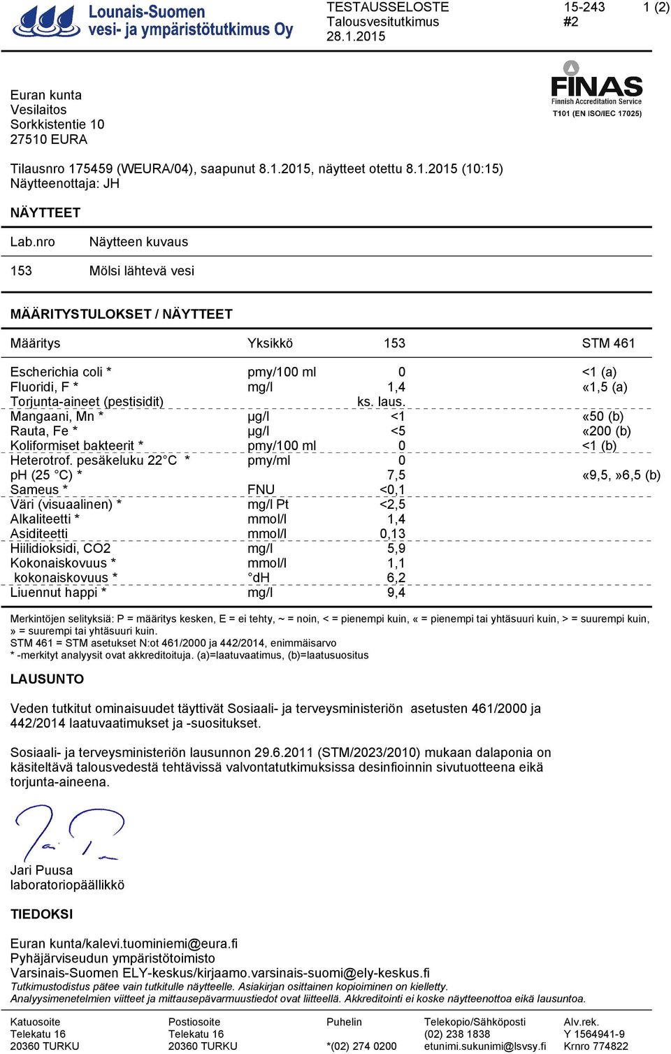 ks. laus. Mangaani, Mn * <1 «50 (b) Rauta, Fe * <5 «200 (b) Koliformiset bakteerit * pmy/100 ml 0 <1 (b) Heterotrof.