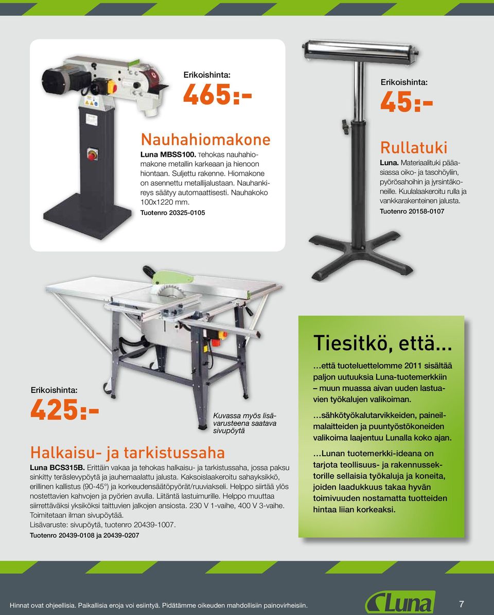 Tuotenro 20158-0107 Tiesitkö, että... 425:- Kuvassa myös lisävarusteena saatava sivupöytä Halkaisu- ja tarkistussaha Luna BCS315B.