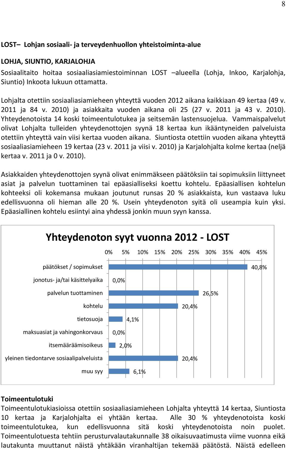 ja asiakkaita vuoden aikana oli 25 (27 v. 2011 ja 43 v. 2010). Yhteydenotoista 14 koski toimeentulotukea ja seitsemän lastensuojelua.