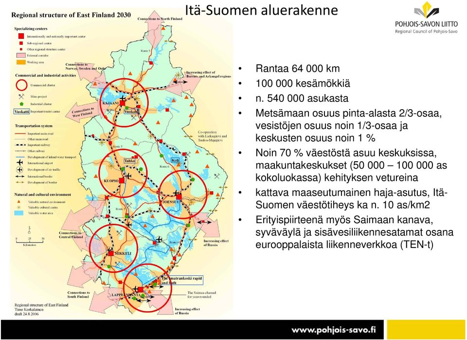 70 % väestöstä asuu keskuksissa, maakuntakeskukset (50 000 100 000 as kokoluokassa) kehityksen vetureina kattava