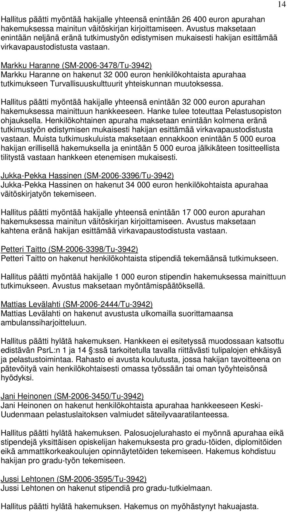Markku Haranne (SM-2006-3478/Tu-3942) Markku Haranne on hakenut 32 000 euron henkilökohtaista apurahaa tutkimukseen Turvallisuuskulttuurit yhteiskunnan muutoksessa.
