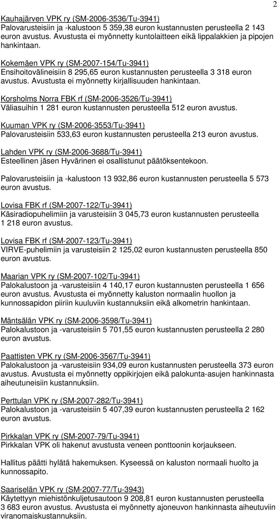 Avustusta ei myönnetty kirjallisuuden hankintaan. Korsholms Norra FBK rf (SM-2006-3526/Tu-3941) Väliasuihin 1 281 euron kustannusten perusteella 512 euron avustus.