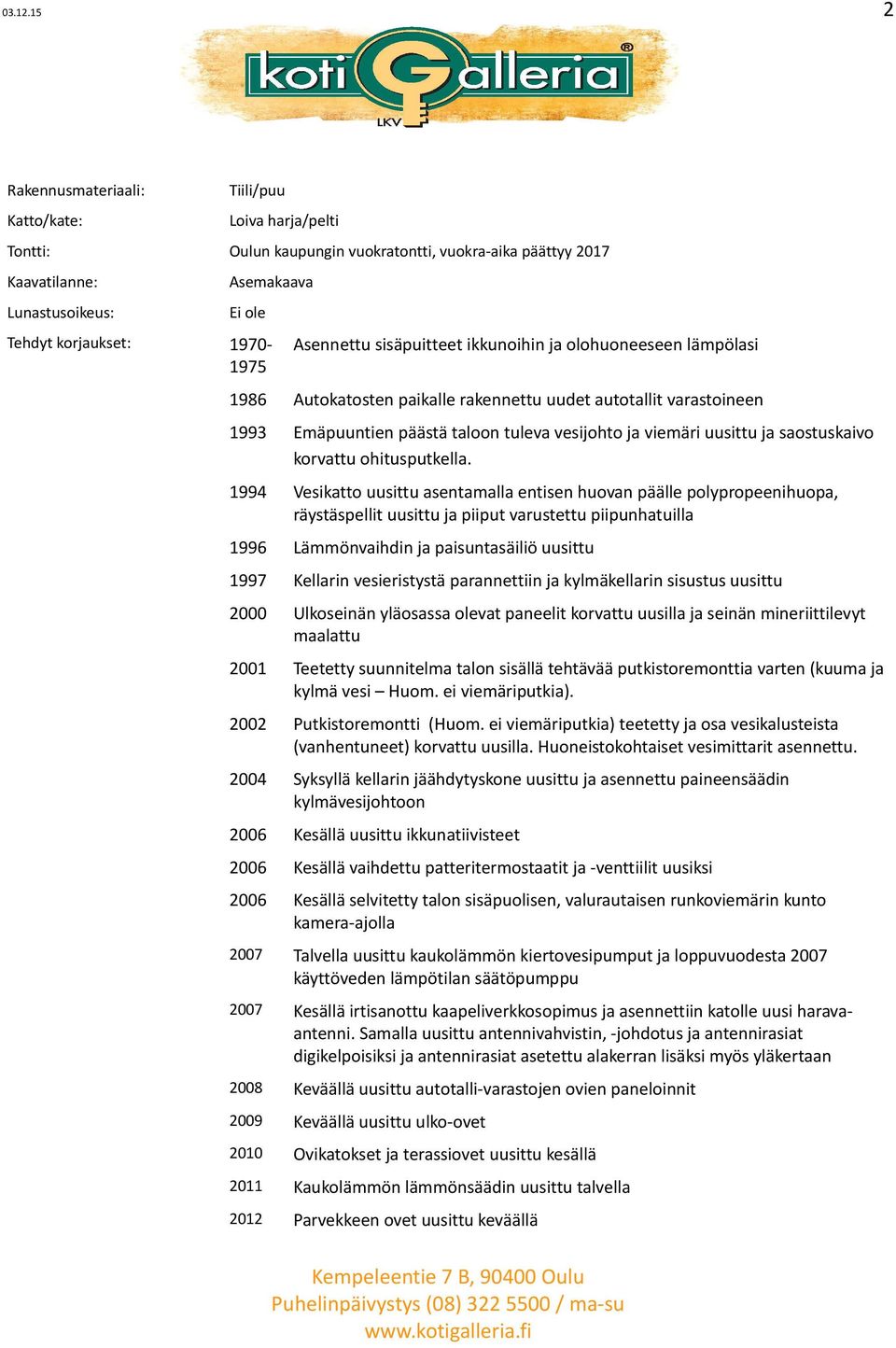 1970-1975 Asennettu sisäpuitteet ikkunoihin ja olohuoneeseen lämpölasi 1986 Autokatosten paikalle rakennettu uudet autotallit varastoineen 1993 Emäpuuntien päästä taloon tuleva vesijohto ja viemäri