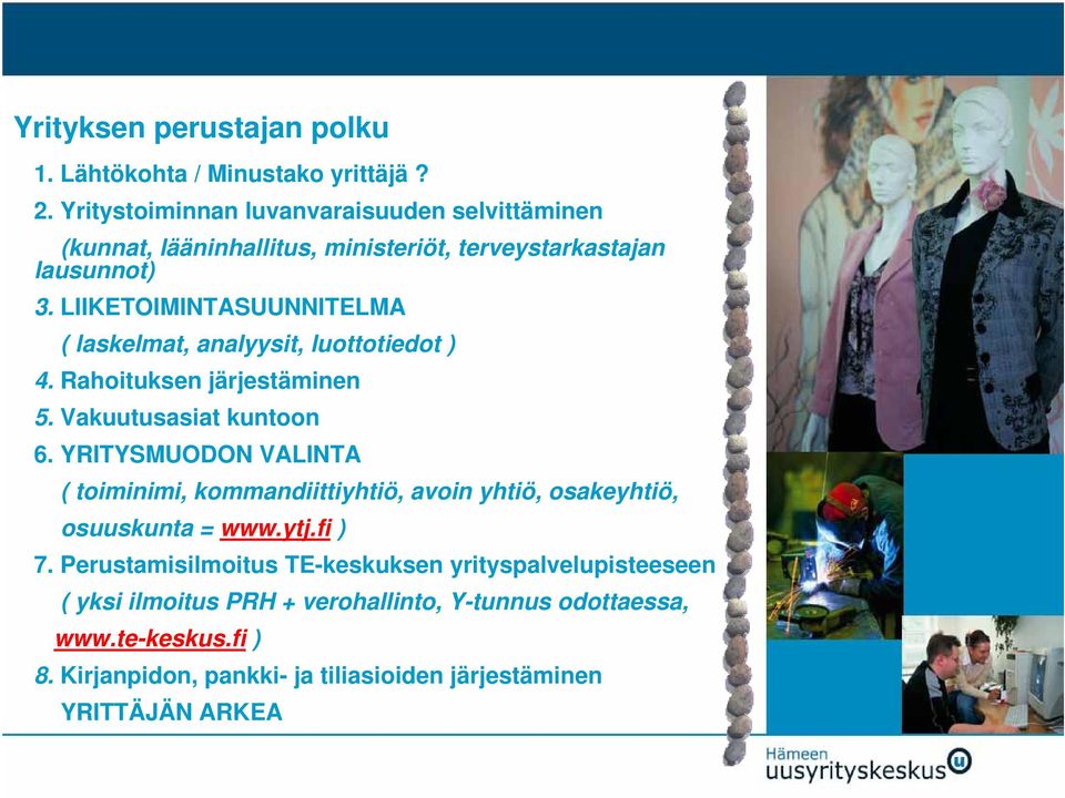 LIIKETOIMINTASUUNNITELMA ( laskelmat, analyysit, luottotiedot ) 4. Rahoituksen järjestäminen 5. Vakuutusasiat kuntoon 6.