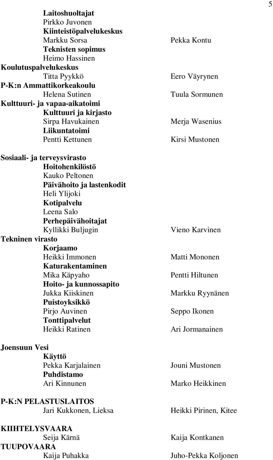 Leena Salo Perhepäivähoitajat Kyllikki Buljugin Tekninen virasto Korjaamo Heikki Immonen Katurakentaminen Mika Käpyaho Hoito- ja kunnossapito Jukka Kiiskinen Puistoyksikkö Pirjo Auvinen