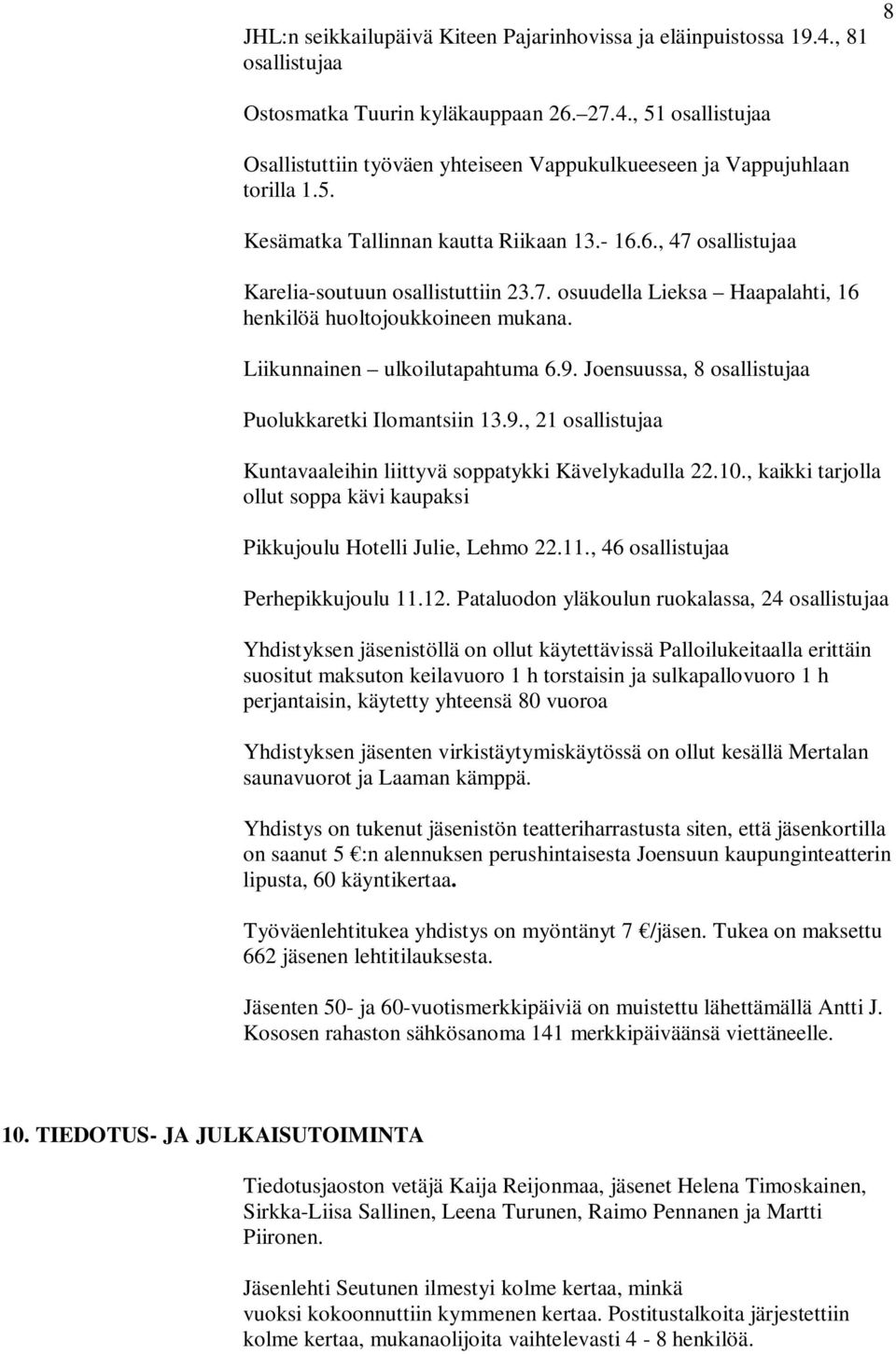 Liikunnainen ulkoilutapahtuma 6.9. Joensuussa, 8 osallistujaa Puolukkaretki Ilomantsiin 13.9., 21 osallistujaa Kuntavaaleihin liittyvä soppatykki Kävelykadulla 22.10.