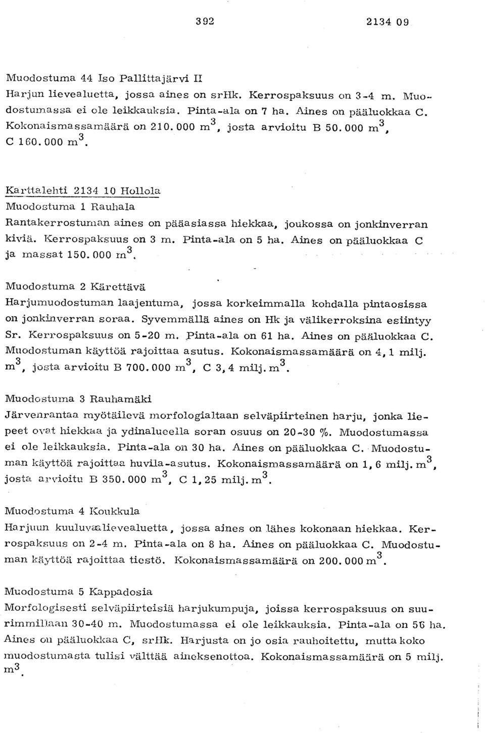 Karttalehti 2134 10 Hollol a Muodostuma 1 Rauhala Rantakerrostunian aines on pääasiassa hiekkaa, joukossa on jonkinverra n kiviä. Kerrospaksuus on 3 m. Pinta-ala on 5 ha.