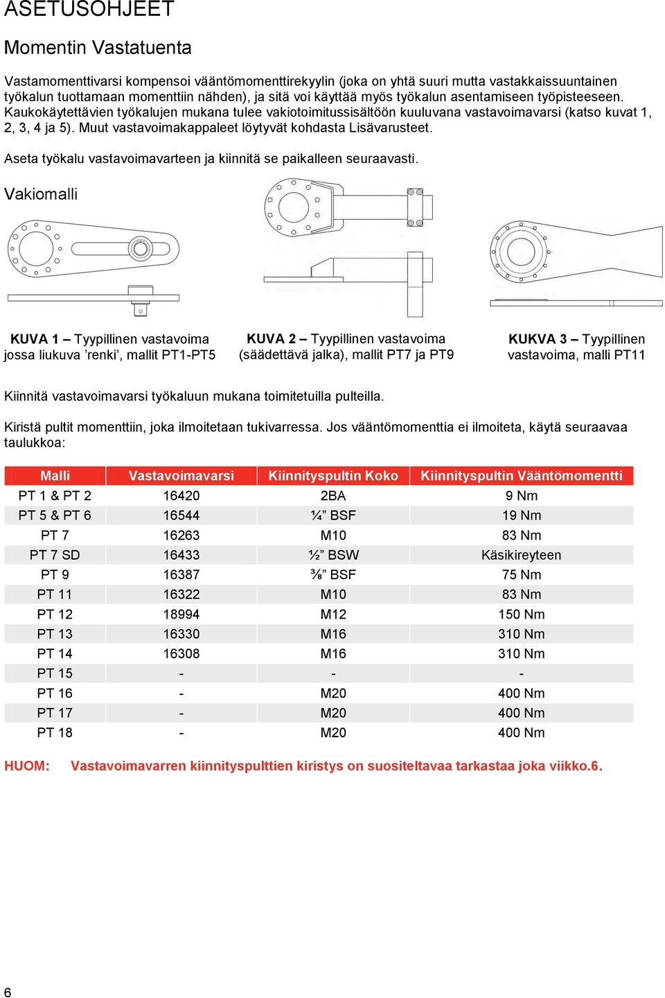 Muut vastavoimakappaleet löytyvät kohdasta Lisävarusteet. Aseta työkalu vastavoimavarteen ja kiinnitä se paikalleen seuraavasti.
