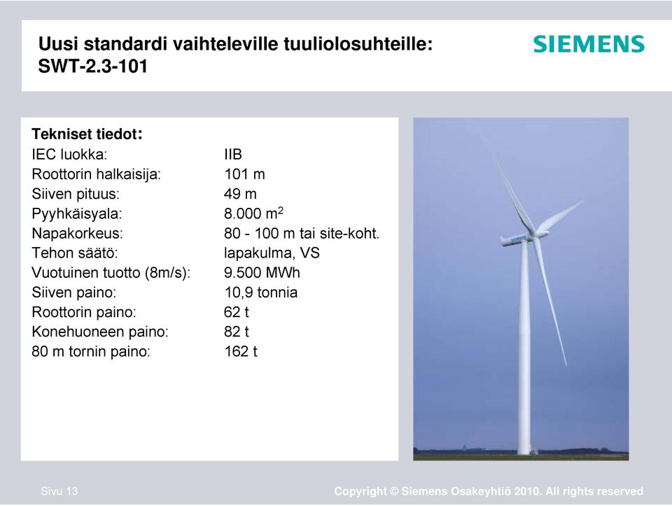 Pyyhkäisyala: 8.000 m 2 Napakorkeus: 80-100 m tai site-koht.