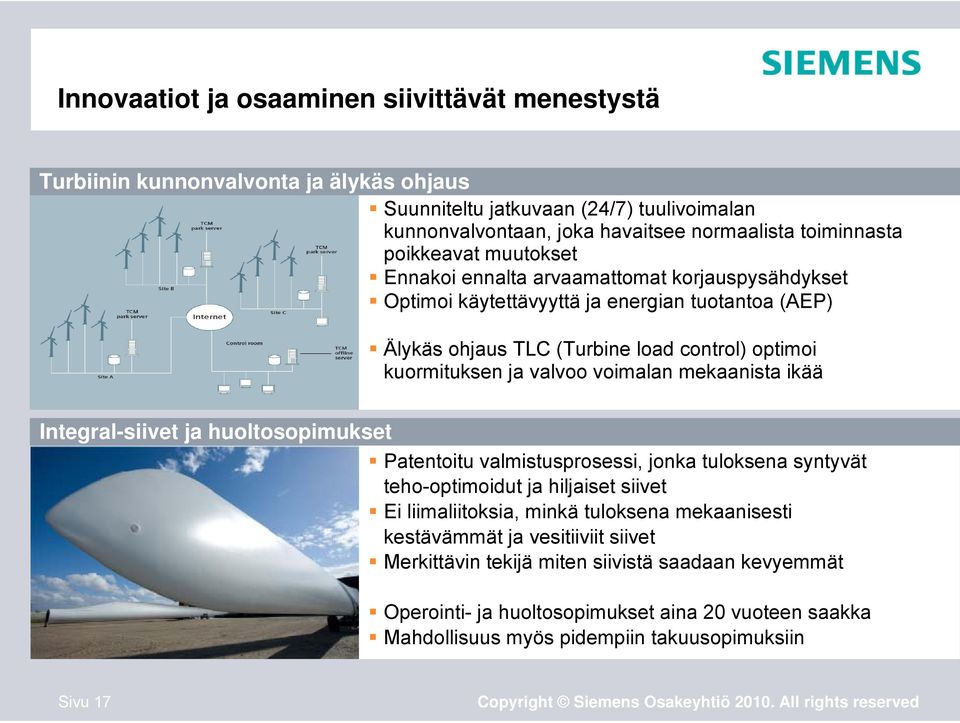 voimalan mekaanista ikää Integral-siivet ja huoltosopimukset Patentoitu valmistusprosessi, jonka tuloksena syntyvät teho-optimoidut ja hiljaiset siivet Ei liimaliitoksia, minkä tuloksena