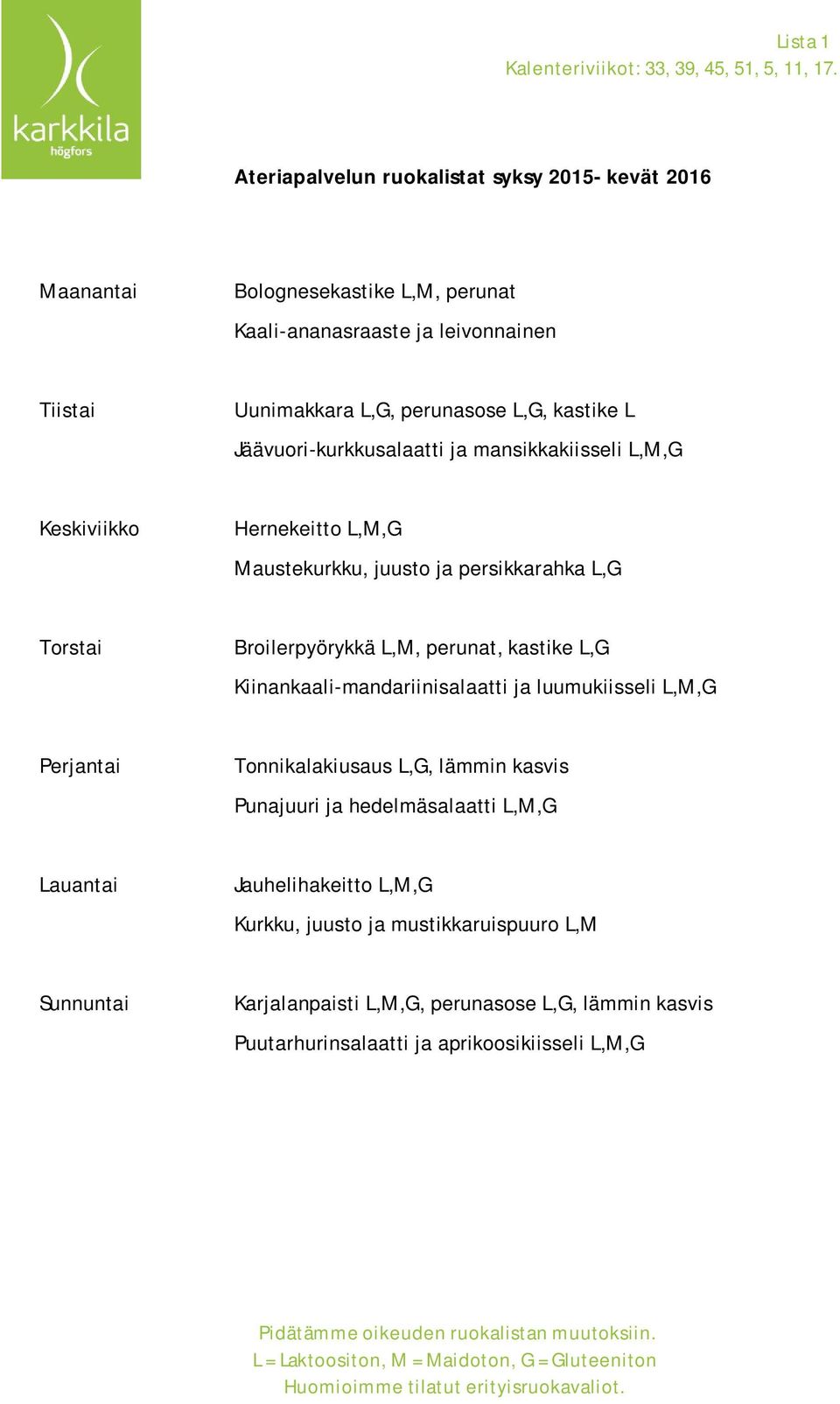 mansikkakiisseli L,M,G Hernekeitto L,M,G Maustekurkku, juusto ja persikkarahka L,G Broilerpyörykkä L,M, perunat, kastike L,G