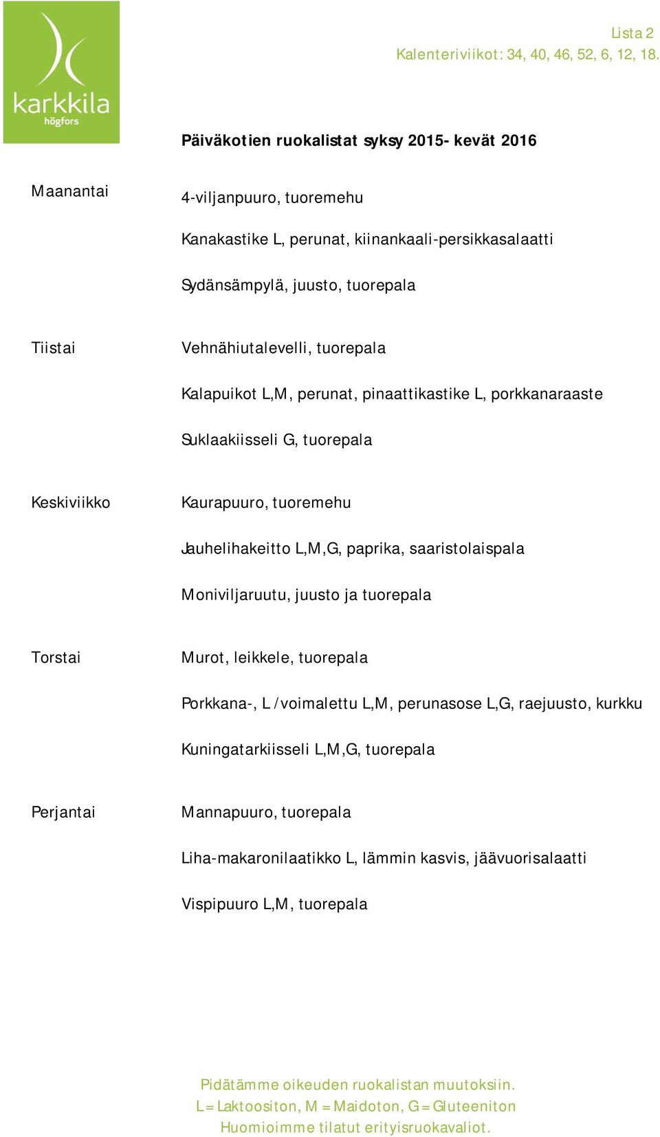 porkkanaraaste Suklaakiisseli G, tuorepala Jauhelihakeitto L,M,G, paprika, saaristolaispala Moniviljaruutu, juusto ja tuorepala