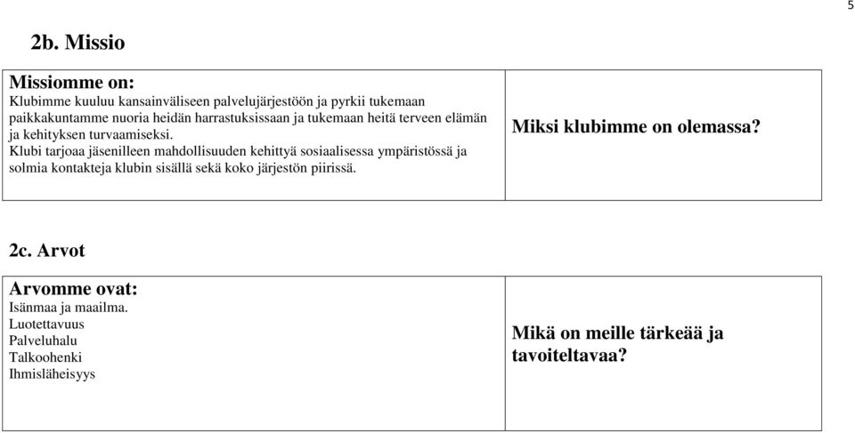 Klubi tarjoaa jäsenilleen mahdollisuuden kehittyä sosiaalisessa ympäristössä ja solmia kontakteja klubin sisällä sekä koko