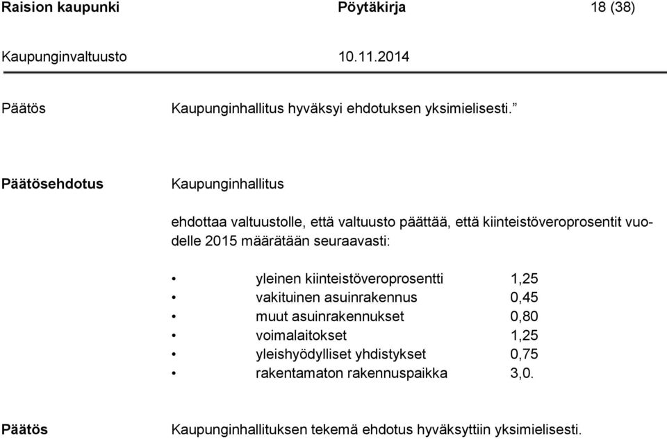 määrätään seuraavasti: yleinen kiinteistöveroprosentti 1,25 vakituinen asuinrakennus 0,45 muut asuinrakennukset 0,80