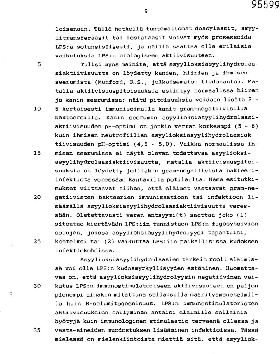 aktiivisuuteen. 5 Tulisi myös mainita, että asyylioksiasyylihydrolaa- siaktiivisuutta on löydetty kanien, hiirien ja ihmisen seerumista (Munford, R.S., julkaisematon tiedonanto).