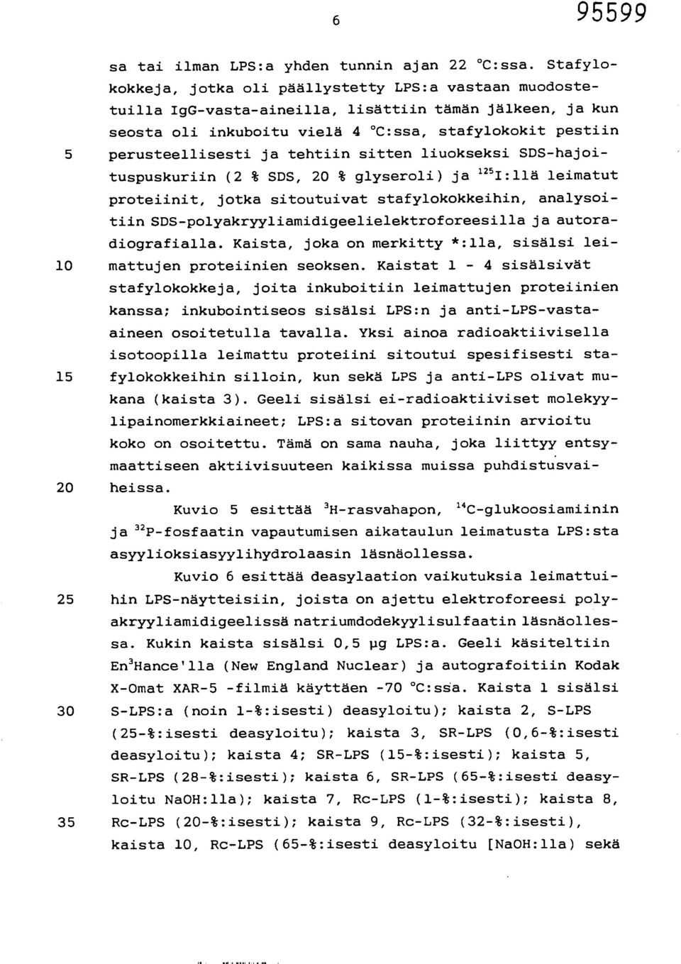tehtiin sitten liuokseksi SDS-hajoituspuskuriin (2 % SDS, 20 % glyseroli) ja 125 I:llä leimatut proteiinit, jotka sitoutuivat stafylokokkeihin, analysoitiin SDS-polyakryyliamidigeelielektroforeesilla