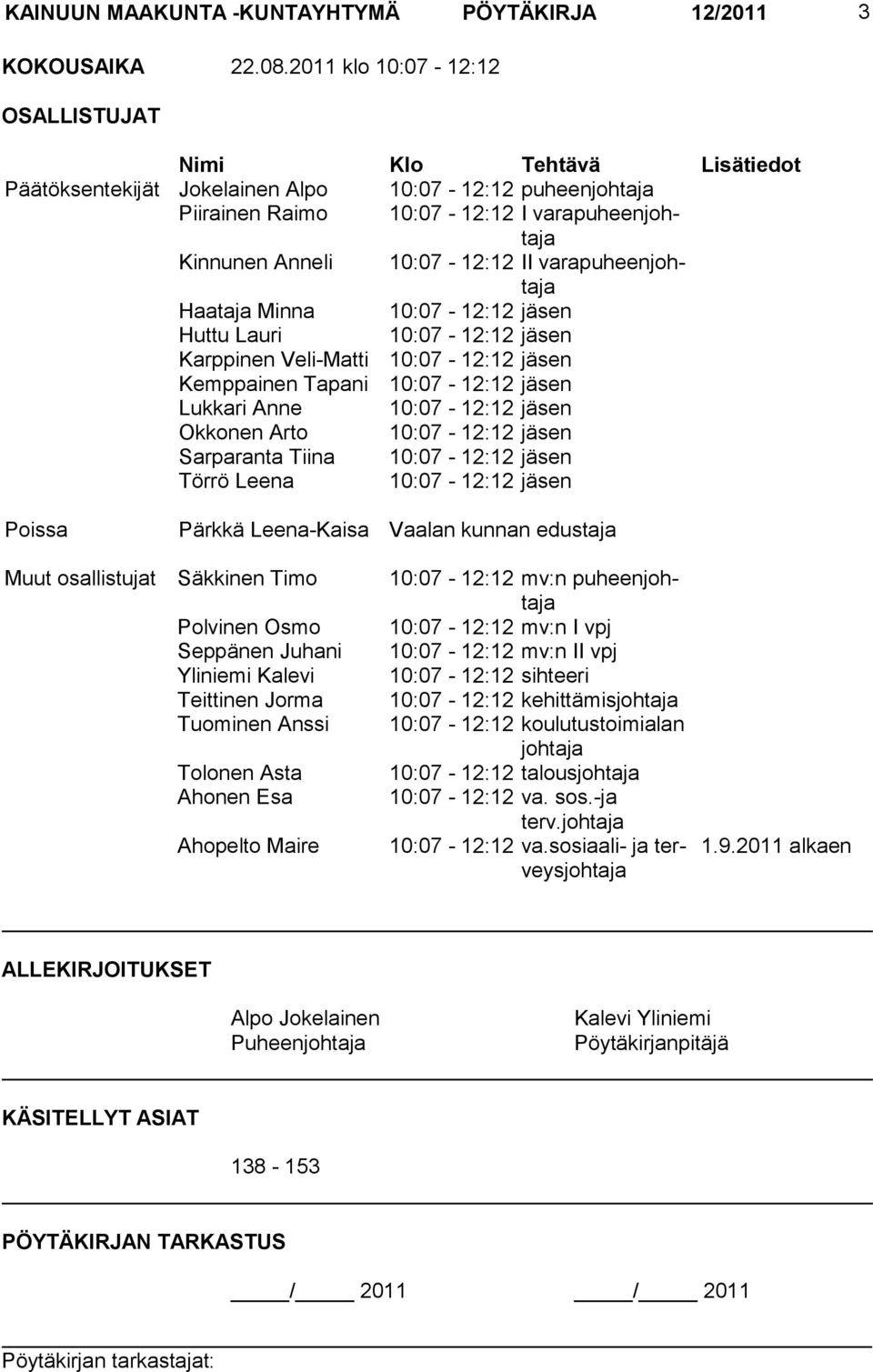 varapuheenjohtaja Haataja Minna 10:07-12:12 jäsen Huttu Lauri 10:07-12:12 jäsen Karppinen Veli-Matti 10:07-12:12 jäsen Kemppainen Tapani 10:07-12:12 jäsen Lukkari Anne 10:07-12:12 jäsen Okkonen Arto