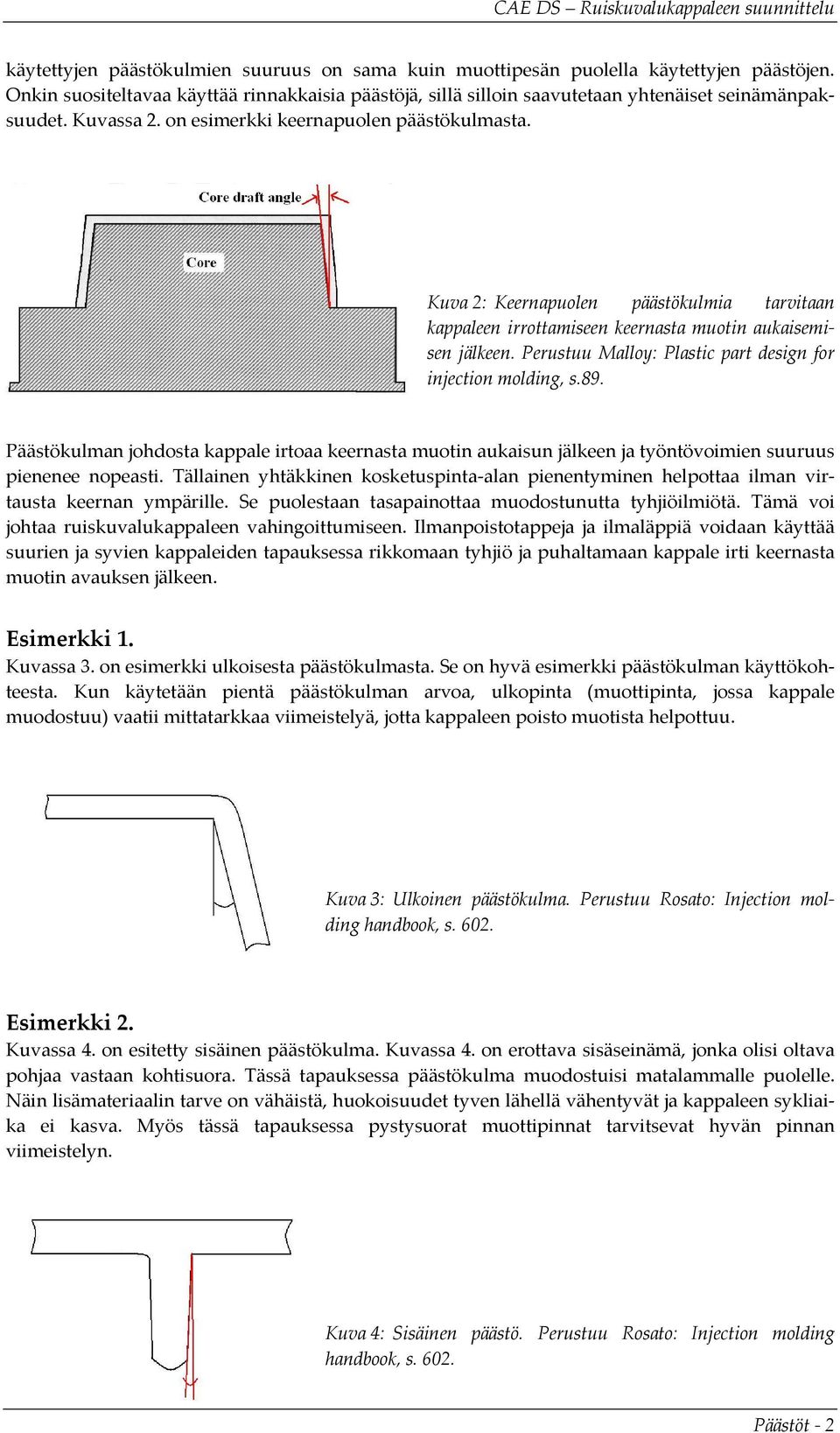 Perustuu Malloy: Plastic part design for injection molding, s.89. Päästökulman johdosta kappale irtoaa keernasta muotin aukaisun jälkeen ja työntövoimien suuruus pienenee nopeasti.