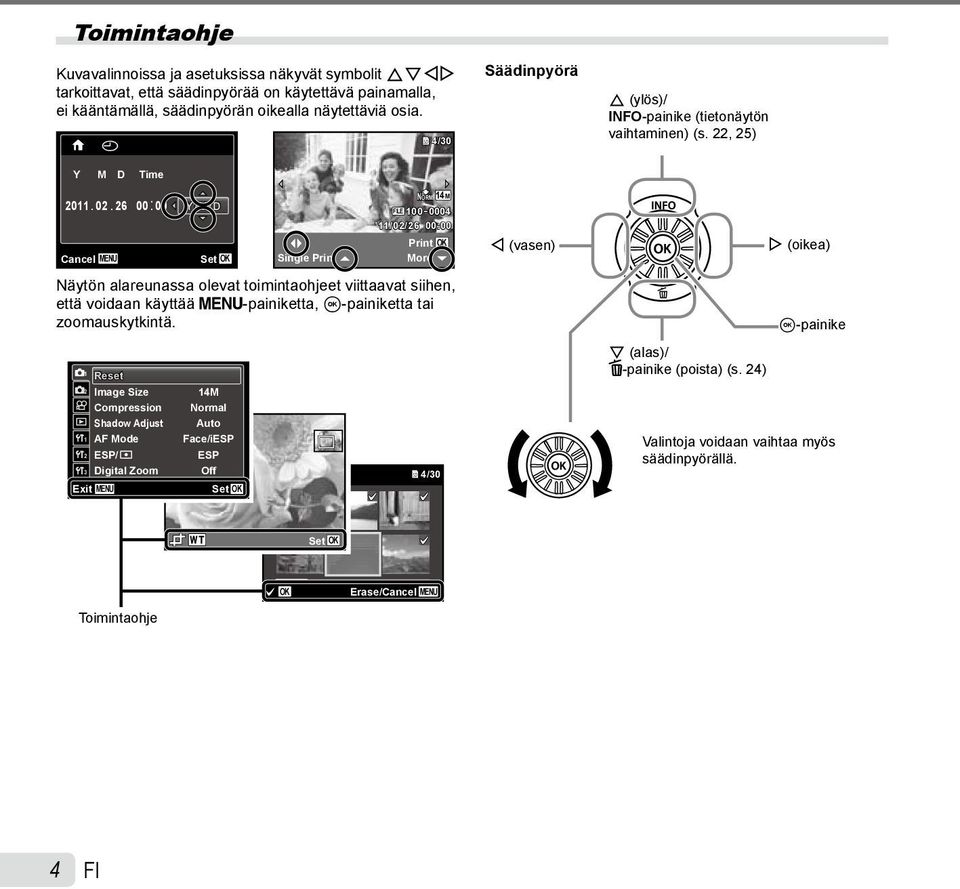 26 00: 00 Y/M/D NORM 14M LE 100 0004 11/02/26 00:00 Cancel MENU Set OK Single Print Print More OK H (vasen) I (oikea) Näytön alareunassa olevat toimintaohjeet viittaavat siihen, että voidaan käyttää