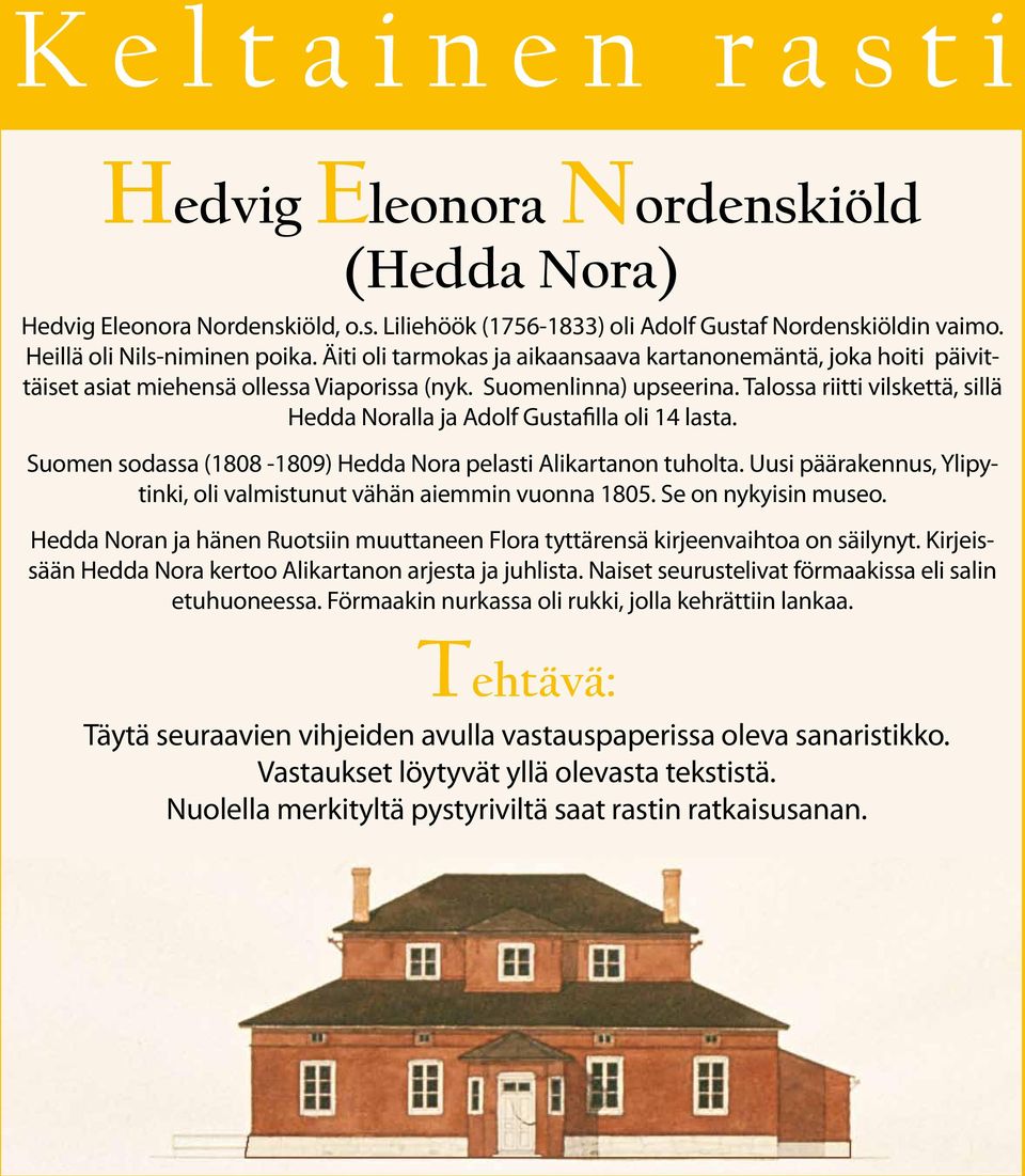 Talossa riitti vilskettä, sillä Hedda Noralla ja Adolf Gustafilla oli 14 lasta. Suomen sodassa (1808-1809) Hedda Nora pelasti Alikartanon tuholta.