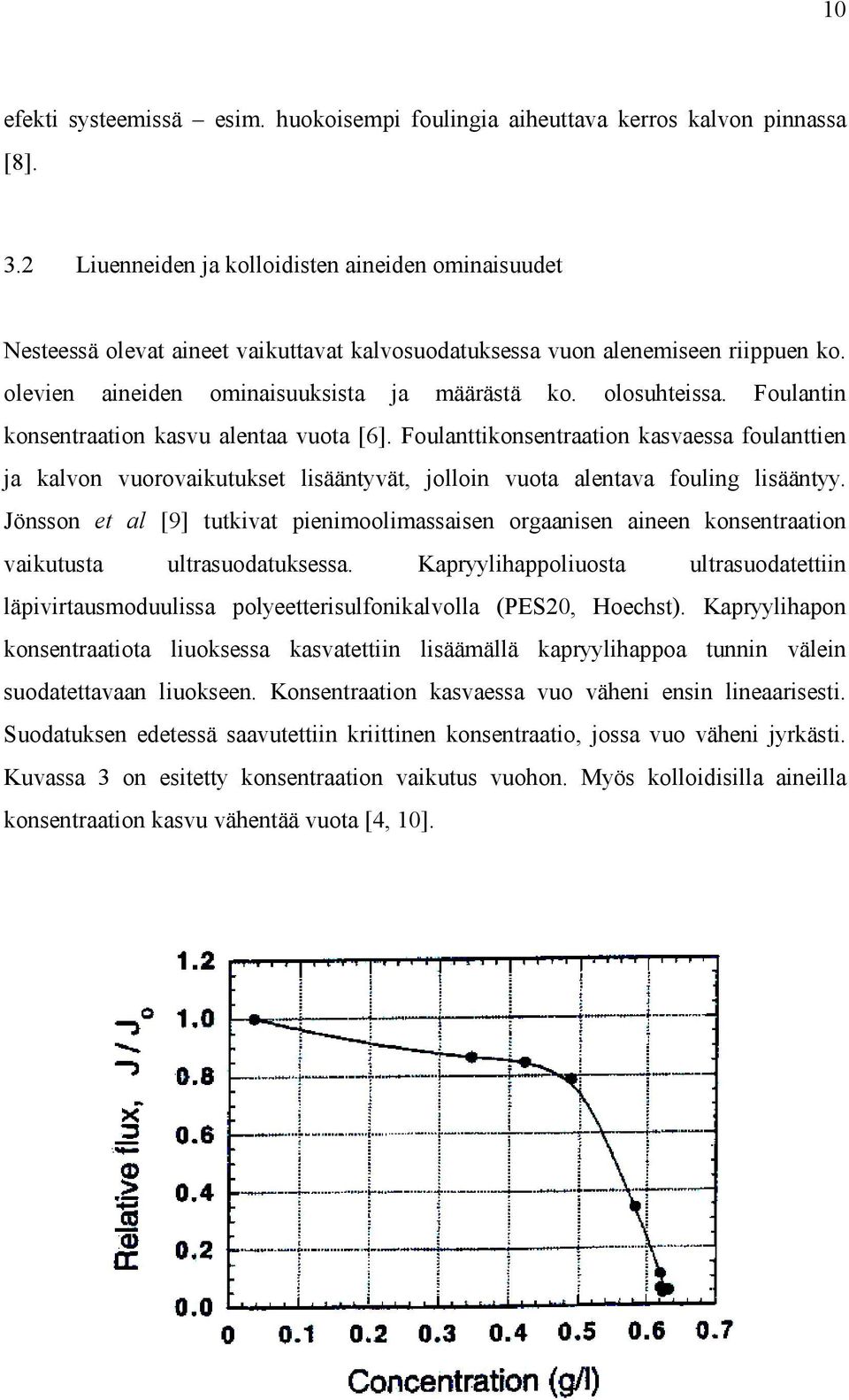 Foulantin konsentraation kasvu alentaa vuota [6]. Foulanttikonsentraation kasvaessa foulanttien ja kalvon vuorovaikutukset lisääntyvät, jolloin vuota alentava fouling lisääntyy.