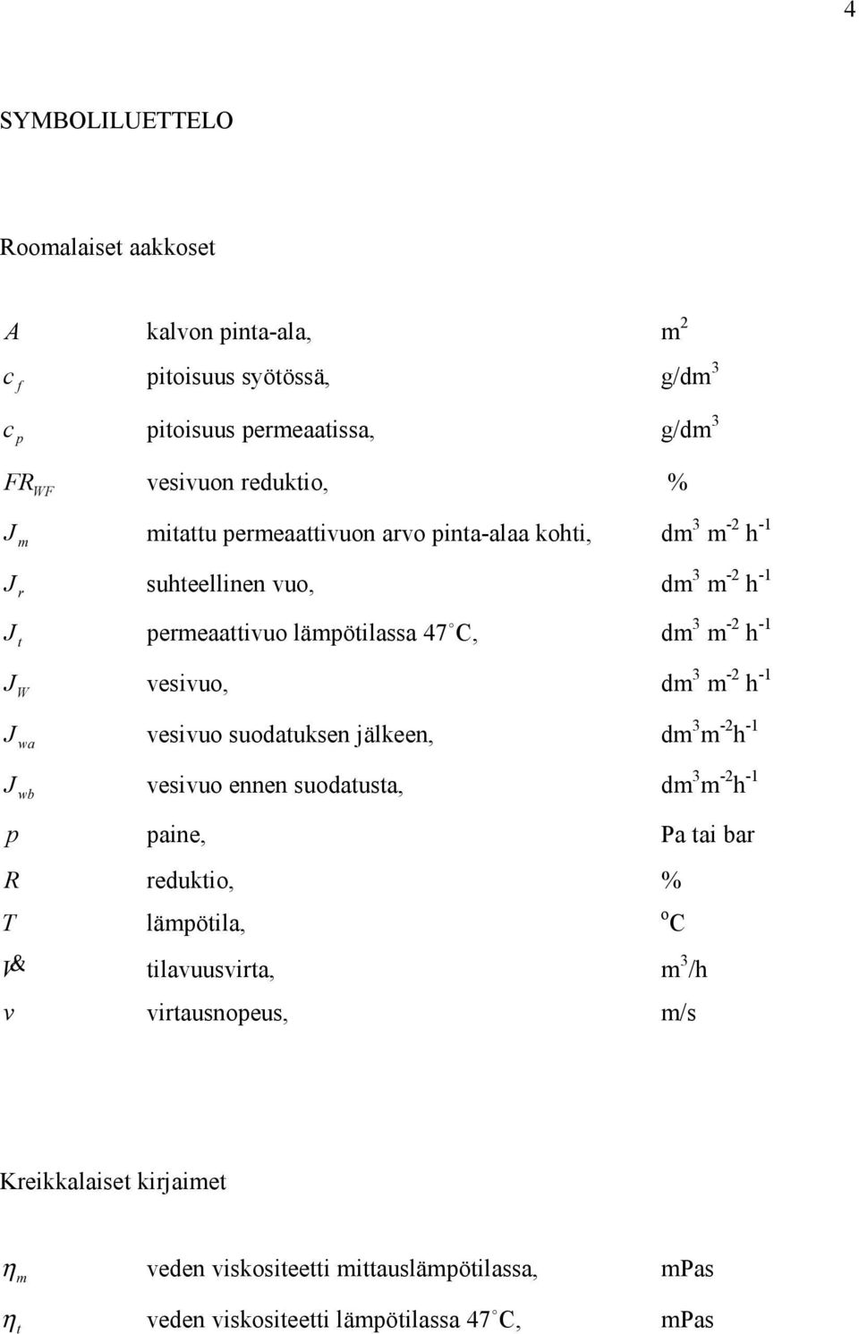 dm 3 m -2 h -1 J wa vesivuo suodatuksen jälkeen, dm 3 m -2 h -1 J wb vesivuo ennen suodatusta, dm 3 m -2 h -1 p paine, Pa tai bar R reduktio, % T lämpötila, V &