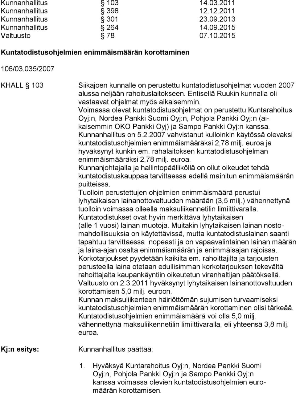 Voimassa olevat kuntatodistusohjelmat on perustettu Kun ta ra hoi tus Oyj:n, Nor dea Pankki Suomi Oyj:n, Pohjola Pank ki Oyj:n (aikaisemmin OKO Pankki Oyj) ja Sam po Pankki Oyj:n kanssa.