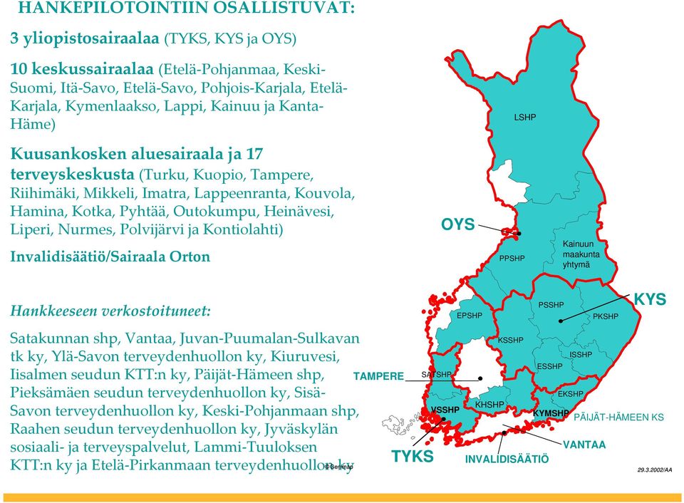 Liperi, Nurmes, Polvijärvi ja Kontiolahti) Invalidisäätiö/Sairaala Orton OYS PPSHP Kainuun maakunta yhtymä Hankkeeseen verkostoituneet: Satakunnan shp, Vantaa, Juvan Puumalan Sulkavan tk ky, Ylä