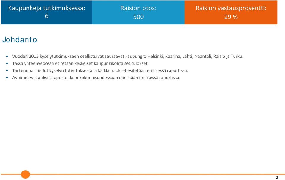 yhteenvedossa esitetään keskeiset kaupunkikohtaiset tulokset Tarkemmat tiedot kyselyn toteutuksesta ja kaikki