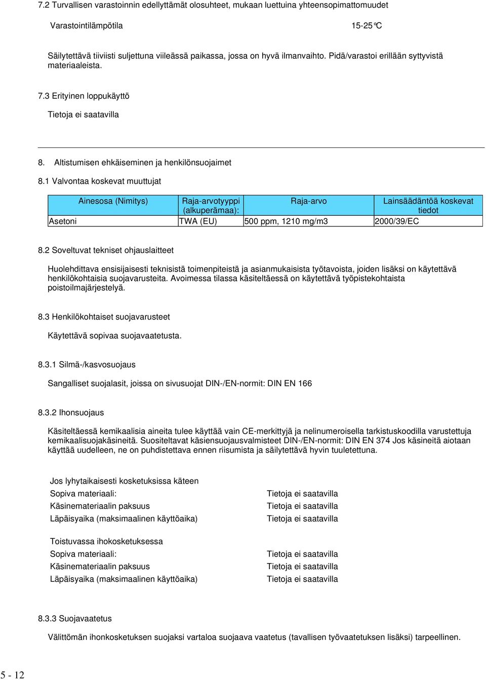 1 Valvontaa koskevat muuttujat Ainesosa (Nimitys) Raja-arvotyyppi (alkuperämaa): Raja-arvo Lainsäädäntöä koskevat tiedot Asetoni TWA (EU) 500 ppm, 1210 mg/m3 2000/39/EC 8.
