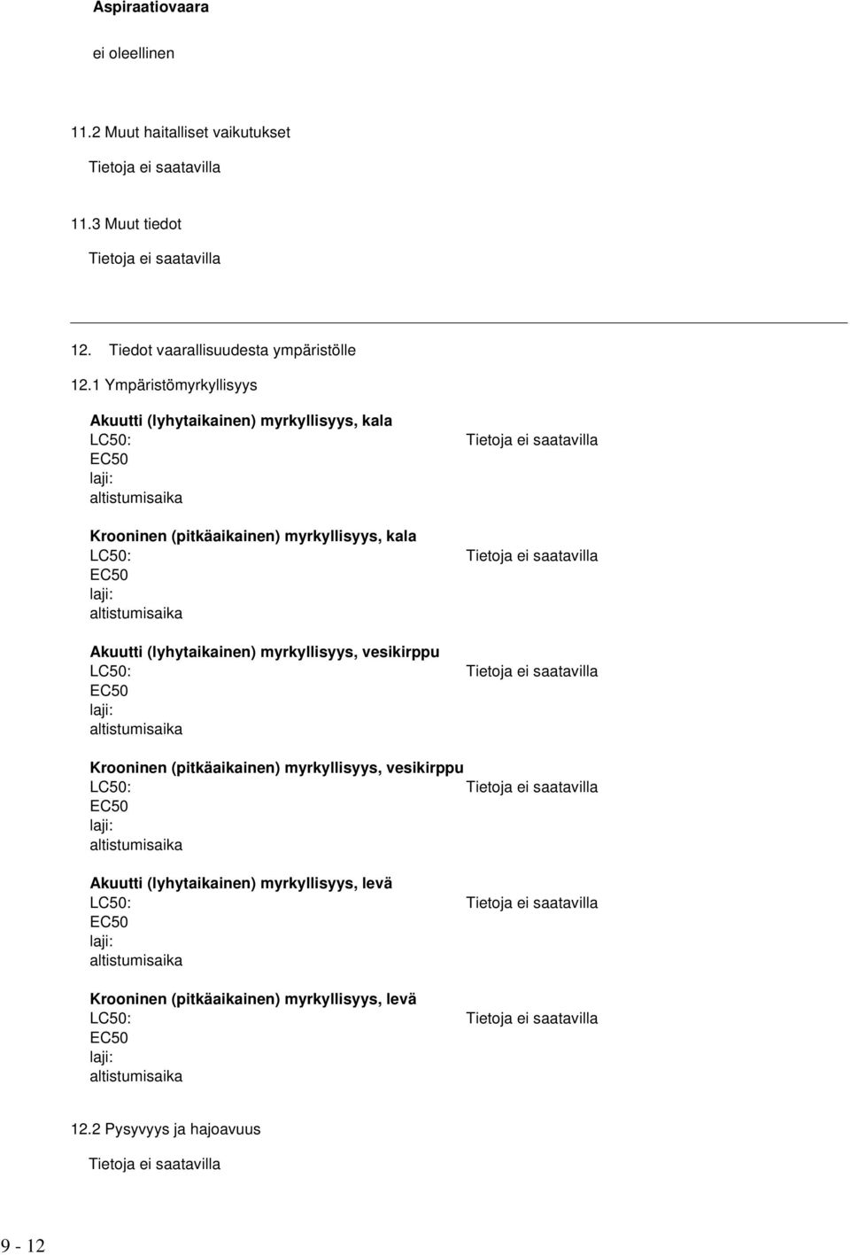 EC50 Akuutti (lyhytaikainen) myrkyllisyys, vesikirppu LC50: EC50 Krooninen (pitkäaikainen) myrkyllisyys, vesikirppu LC50: EC50