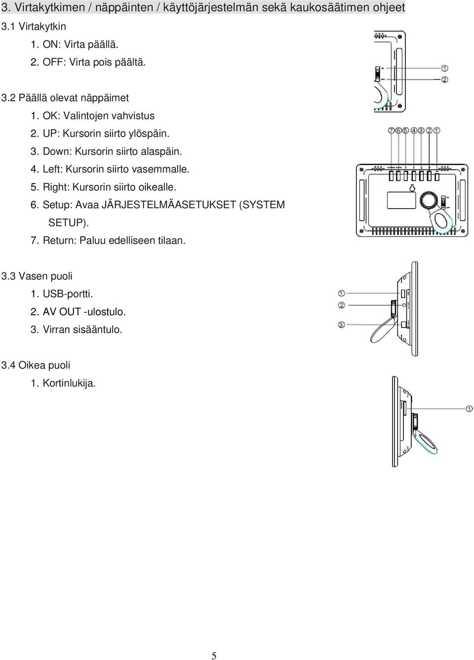 4. Left: Kursorin siirto vasemmalle. 5. Right: Kursorin siirto oikealle. 6. Setup: Avaa JÄRJESTELMÄASETUKSET (SYSTEM SETUP). 7.