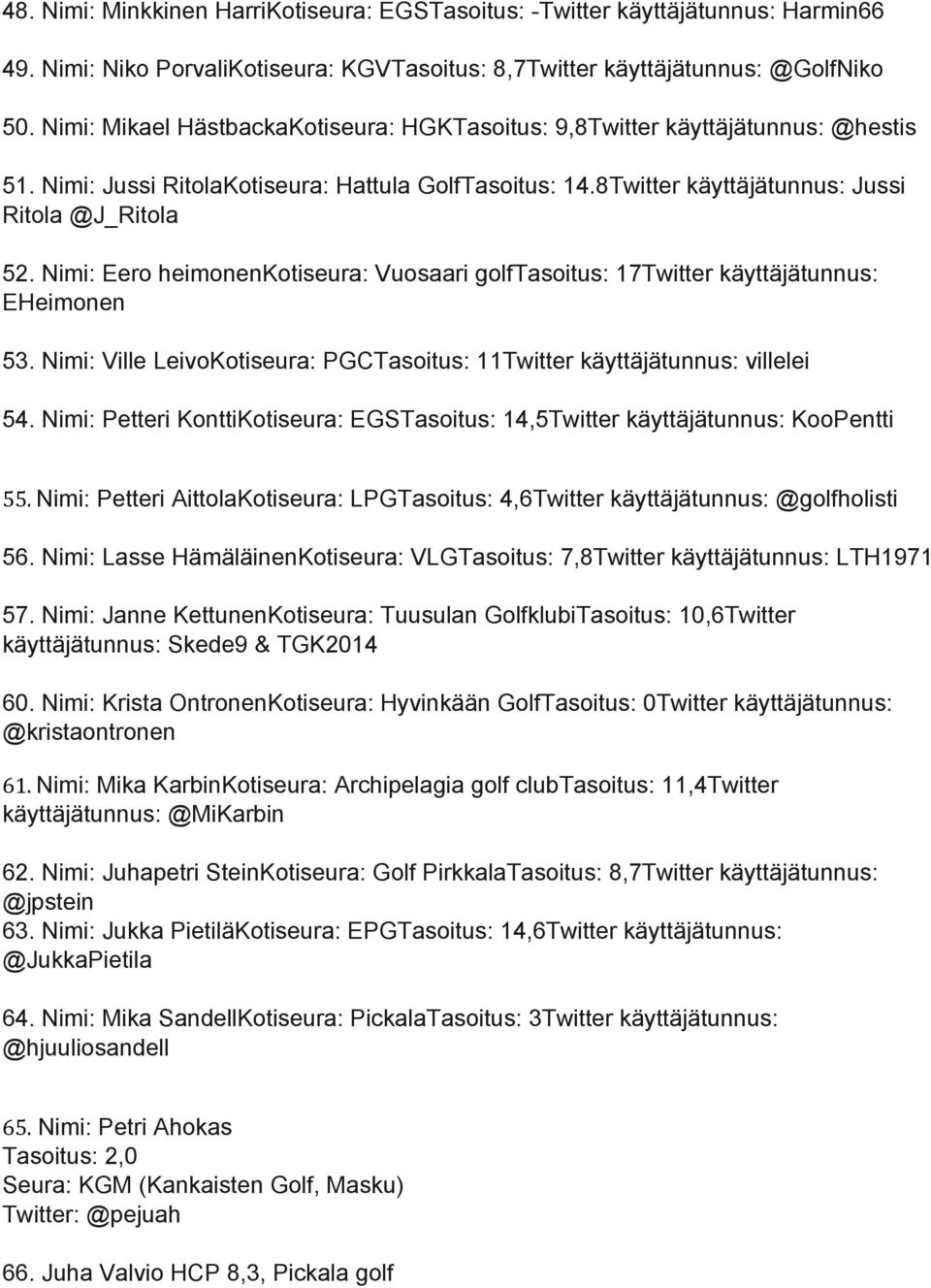 Nimi: Eero heimonen Kotiseura: Vuosaari golf Tasoitus: 17 Twitter käyttäjätunnus: EHeimonen 53. Nimi: Ville Leivo Kotiseura: PGC Tasoitus: 11 Twitter käyttäjätunnus: villelei 54.