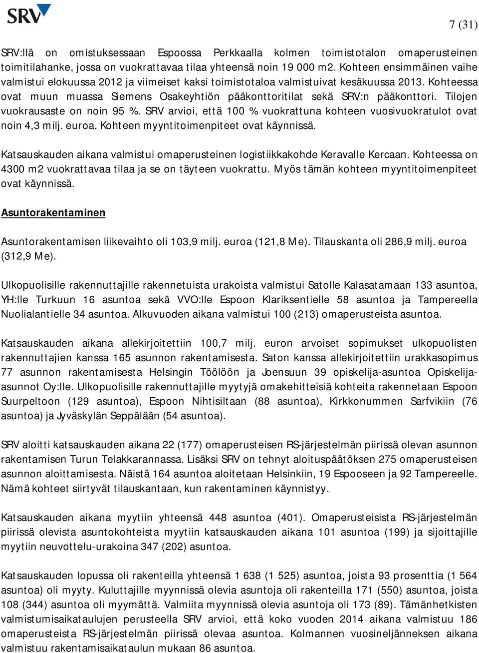 Tilojen vuokrausaste on noin 95 %. SRV arvioi, että 100 % vuokrattuna kohteen vuosivuokratulot ovat noin 4,3 milj. euroa. Kohteen myyntitoimenpiteet ovat käynnissä.