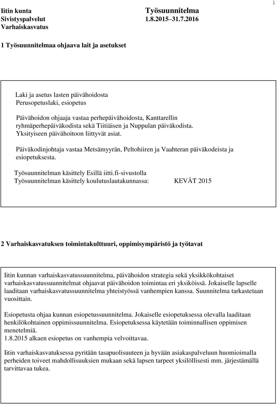 ryhmäperhepäiväkodista sekä Tiitiäisen ja Nuppulan päiväkodista. Yksityiseen päivähoitoon liittyvät asiat.