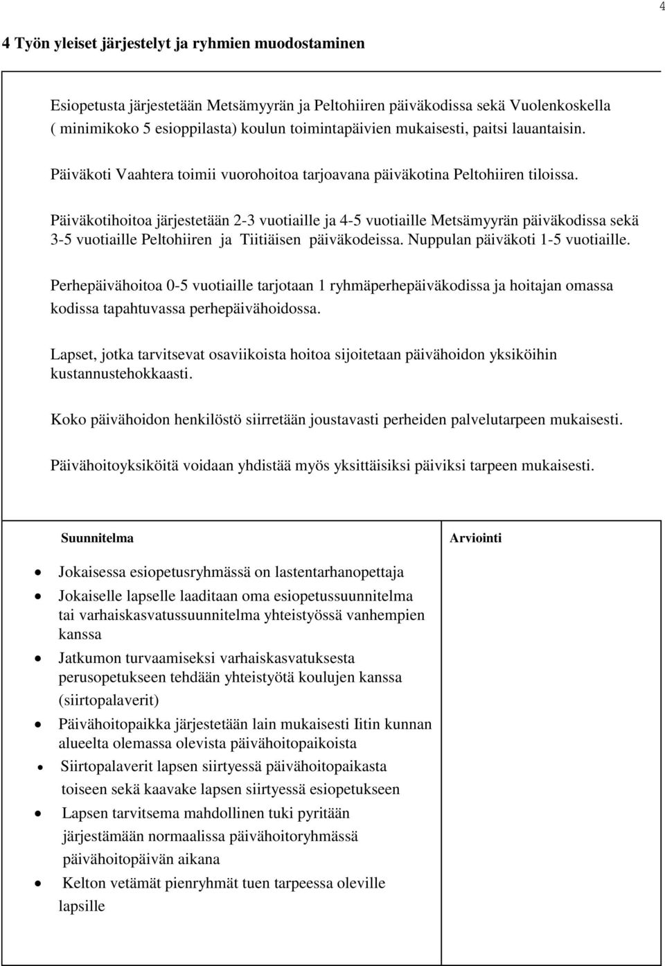 Päiväkotihoitoa järjestetään 2-3 vuotiaille ja 4-5 vuotiaille Metsämyyrän päiväkodissa sekä 3-5 vuotiaille Peltohiiren ja Tiitiäisen päiväkodeissa. Nuppulan päiväkoti 1-5 vuotiaille.