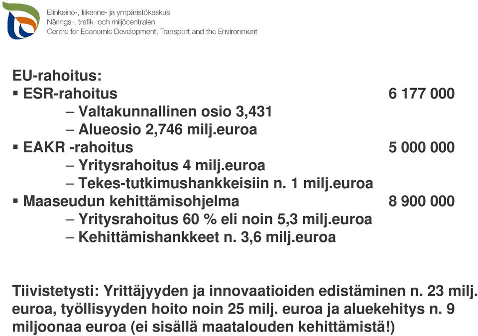 euroa Maaseudun kehittämisohjelma 8 900 000 Yritysrahoitus 60 % eli noin 5,3 milj.euroa Kehittämishankkeet n. 3,6 milj.