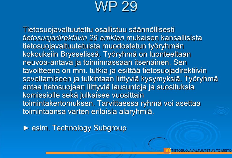 tutkia ja esittää tietosuojadirektiivin soveltamiseen ja tulkintaan liittyviä kysymyksiä.