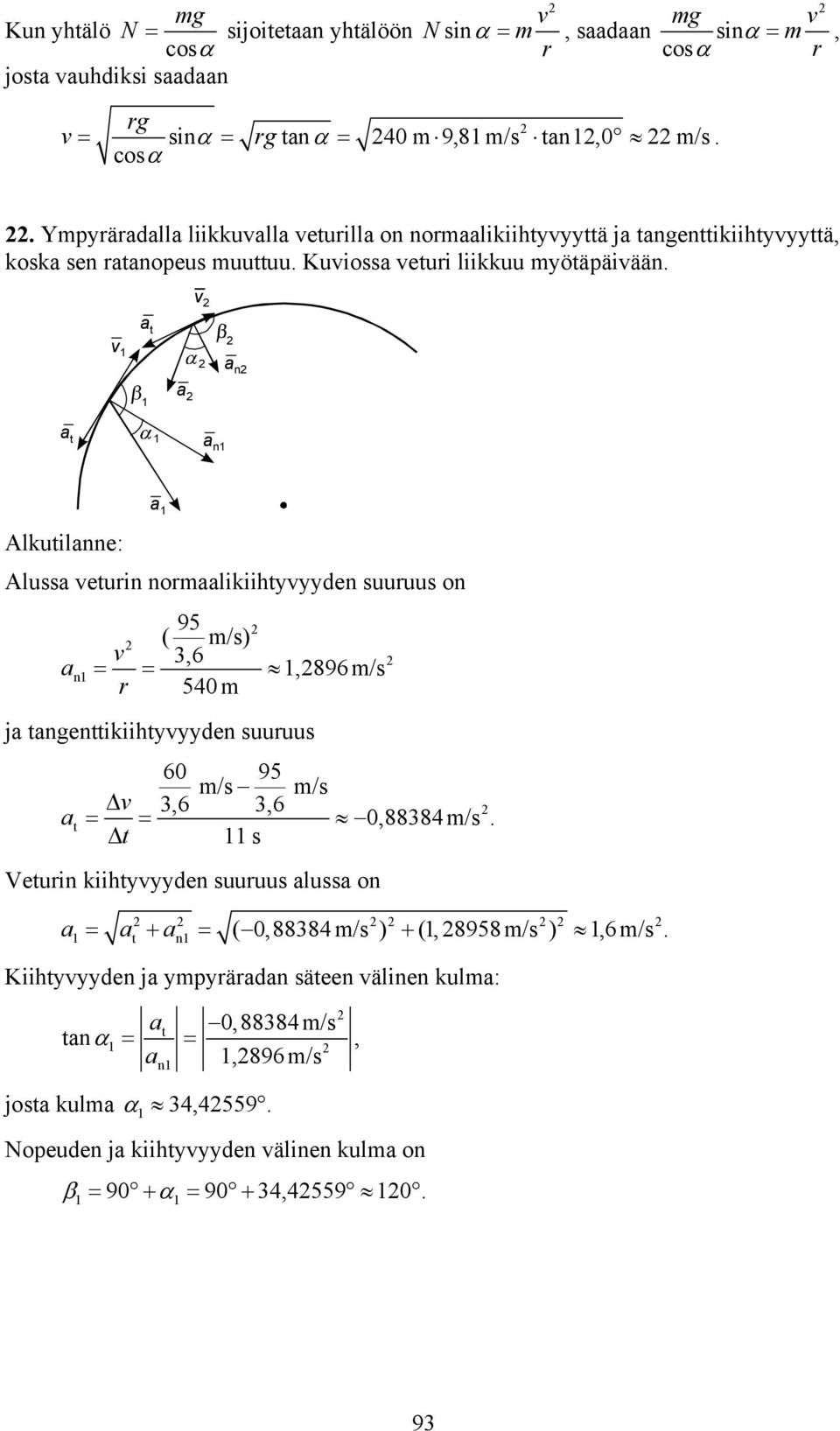 a t a n a a t a n a Alkutilanne: Alussa etuin nomaalikiihtden suuuus on a n 95 ( m/s) 3,6,896 m/s 54 m ja tangenttikiihtden suuuus 6 95 m/s m/s 3,6 3,6