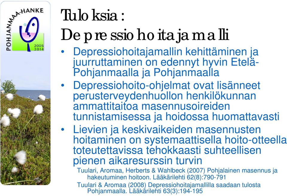 hoitaminen on systemaattisella hoito-otteella toteutettavissa tehokkaasti suhteellisen pienen aikaresurssin turvin Tuulari, Aromaa, Herberts & Wahlbeck (2007)