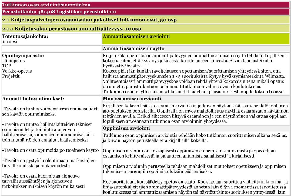 tekniset ominaisuudet ja toiminta ajoneuvon hallitsemiseksi, kulumisen minimoimiseksi ja toimintahäiriöiden ennalta ehkäisemiseksi Ammattiosaamisen arviointi Ammattiosaamisen näyttö Kuljetusalan