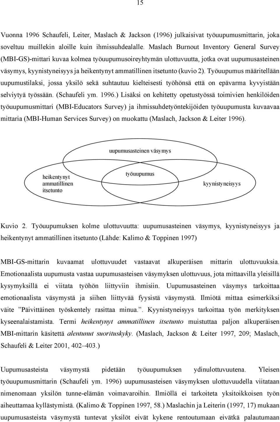 (kuvio 2). Työuupumus määritellään uupumustilaksi, jossa yksilö sekä suhtautuu kielteisesti työhönsä että on epävarma kyvyistään selviytyä työssään. (Schaufeli ym. 1996.