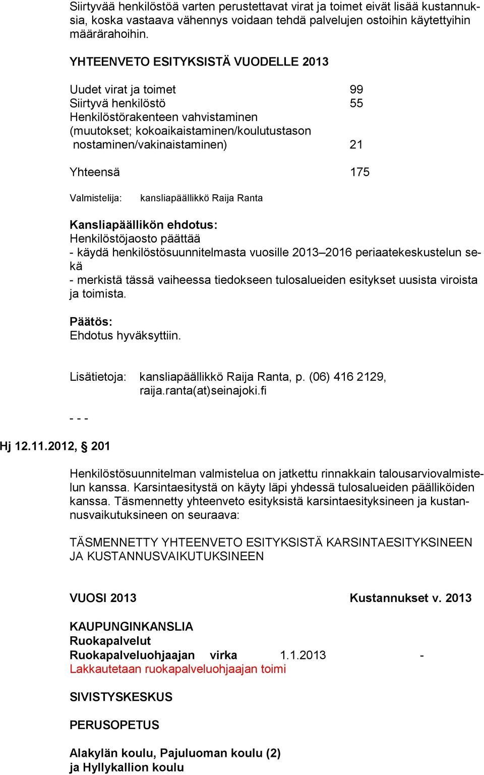 Yhteensä 175 Valmistelija: kansliapäällikkö Raija Ranta Kansliapäällikön ehdotus: Henkilöstöjaosto päättää - käydä henkilöstösuunnitelmasta vuosille 2013 2016 periaatekeskustelun sekä - merkistä