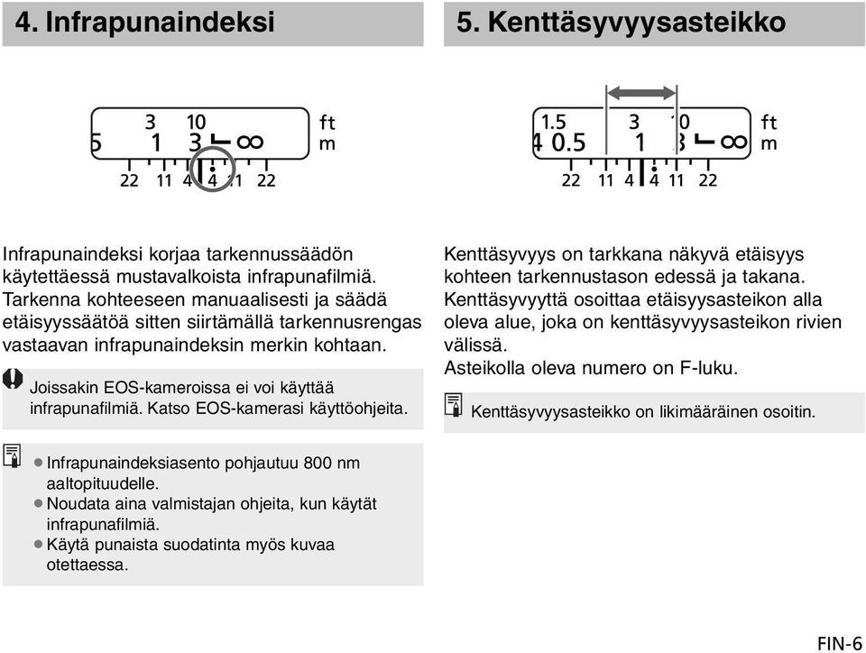 Katso EOS-kamerasi käyttöohjeita. Kenttäsyvyys on tarkkana näkyvä etäisyys kohteen tarkennustason edessä ja takana.