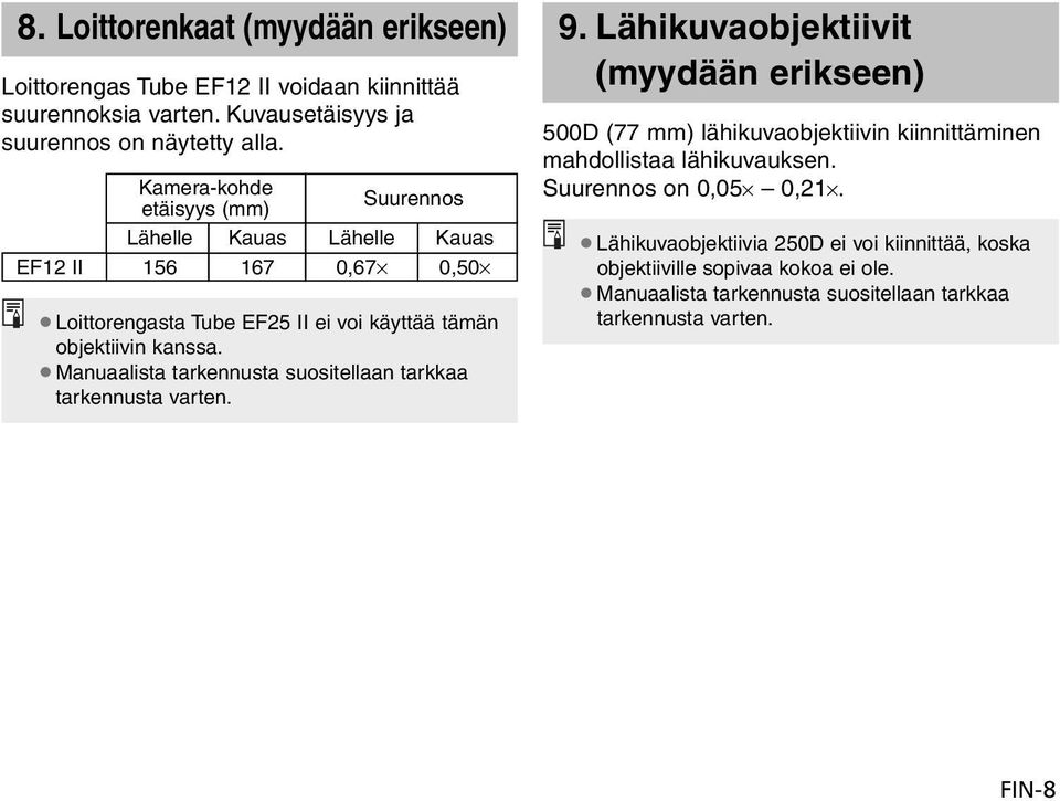 Manuaalista tarkennusta suositellaan tarkkaa tarkennusta varten. 9.