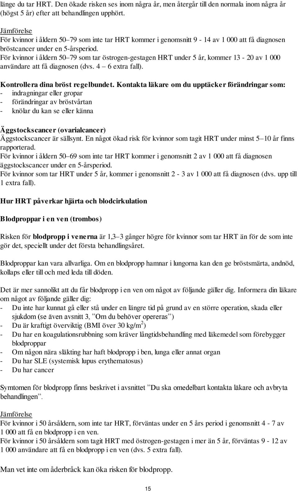 För kvinnor i åldern 50 79 som tar östrogen-gestagen HRT under 5 år, kommer 13-20 av 1 000 användare att få diagnosen (dvs. 4 6 extra fall). Kontrollera dina bröst regelbundet.