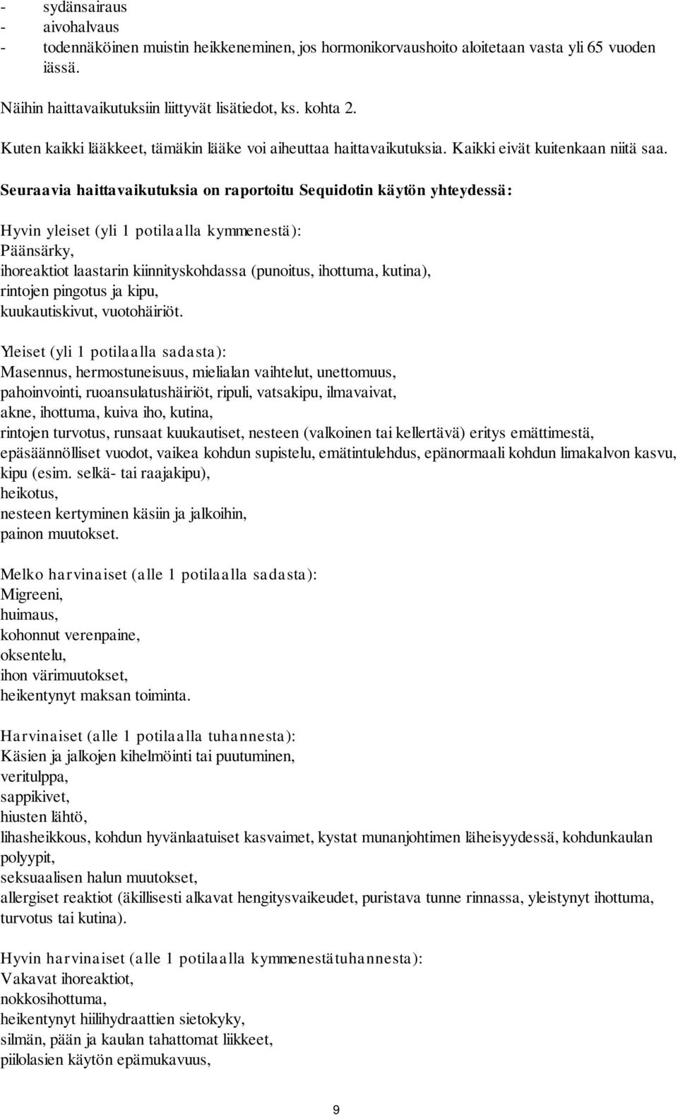 Seuraavia haittavaikutuksia on raportoitu Sequidotin käytön yhteydessä: Hyvin yleiset (yli 1 potilaalla kymmenestä): Päänsärky, ihoreaktiot laastarin kiinnityskohdassa (punoitus, ihottuma, kutina),