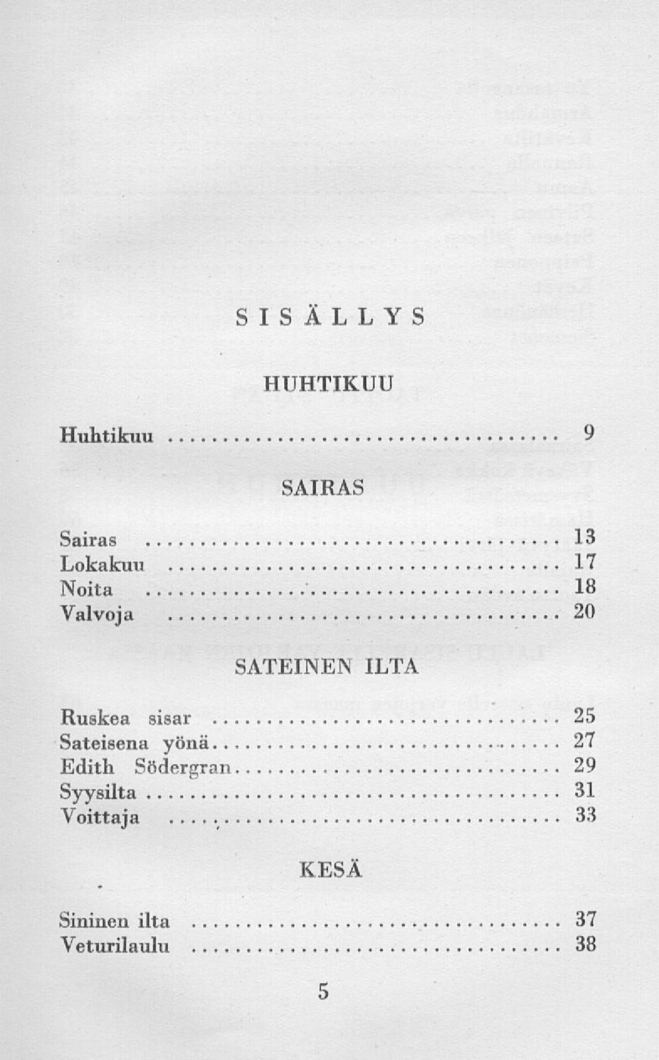 sisar 25 Sateisena yönä 27 Edith Södergran 29