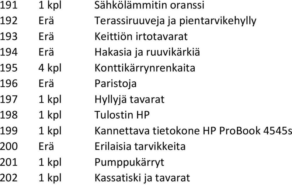 Paristoja 197 1 kpl Hyllyjä tavarat 198 1 kpl Tulostin HP 199 1 kpl Kannettava tietokone